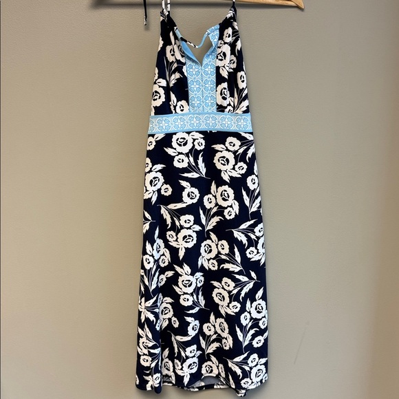 Ann Taylor LOFT Petites Floral Halter Dress 0P Navy Blue Petite - Picture 2 of 5